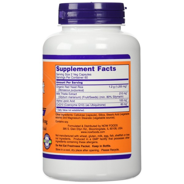 NOW Foods 600mg Red Yeast Rice & 30mg Coq10, 120 caps (pack of 2)