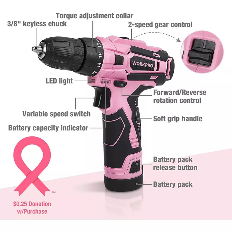 WORKPRO 12V Pink Cordless Drill Driver Set Home Tool 61PC