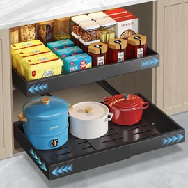 ByNaRIX 2 Pack Expandable Pull Out Cabinet Organizer 21" Deep, 3 Rails Slide Out Drawer for Kitchen Cabinet, Adjustable No Drill Roll Out Shelf Adhesive with Nano Film 12.2"-20.5" W Black