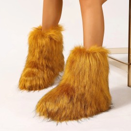 2026 NEW KJ 2025 Factory Wholesale Winter Fluffy Faux Fur Raccoon Women's Flat Heel Middle Sleeve Fury Boots Fur BootsColor: Raccoon fur ginger yellow, Size: 38