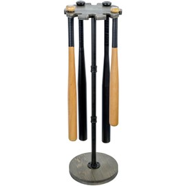 MyGift Freestanding Baseball Bat Rack, Vintage Weathered Gray Solid Wood and Industrial Matte Black Metal Pipe Softball Equipment Holder Display Stand, Holds 10 Bats