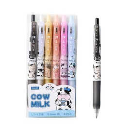 Giant star Cute Milky Cow Pens, Retractable Gel Pens, Black Gel Ink Pens, 0.5mm, Bullet Point, Perfect for Office School Supplies Gifts for Boys Girls,Pack of 6pcs (Milky Cow)
