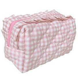 Lyssiatina Handmade Cotton Quilted Makeup Bag for Purse,Ruffie Cosmetic Bag with Zipper,Cute Girly Pouches for Purse，Checked Travelling Toiletries Bag(Pink)