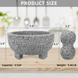Granite Mortar and Pestle Set Guacamole Bowl Molcajete 8 Inch-4 Cup Natural Stone Grinder for Spices, Seasonings, PastesPestos and Guacamole