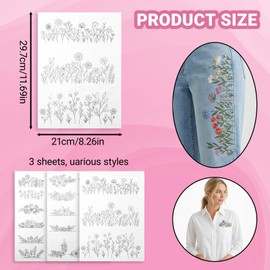 3 Sheets Water Soluble Embroidery Stabilizer, Water Soluble Stabilizer Stick and Stitch Embroidery-Paper Designs Transfer Paper with Pre-Printed Flower and Leaf for Hand Sewing for Embroidery Patterns