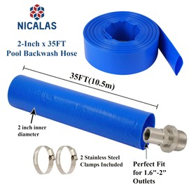 Nicalas 2-Inch x 35FT Pool Backwash Hose – Heavy-Duty PVC Discharge Hose with 2 Stainless Steel Clamps, Burst-Resistant Reinforced Lay-Flat Design for Above Ground Pools, Sump Pump, Filter Drainage