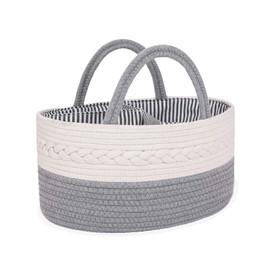 Oliver & Emilia Diaper Caddy - Portable Woven Baby Organizer Basket w/Handle, Nursery Changing Caddies & Dividers, Dresser Organizer, Cotton Rope Stuff Holder, Wipes Storage, Must Haves Newborn, Gift