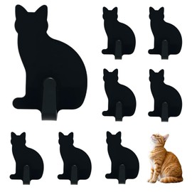DueHoppee Adhesive Wall Hooks Cat Shaped - 8 Pack Stainless Steel Key Hangers for Cat Lovers - Cute Decorative Hooks for Hanging Hats, Bags,Towels(Black)