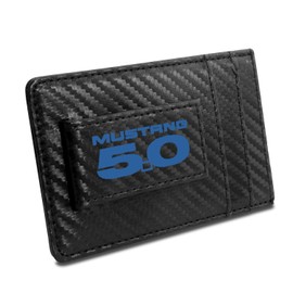 Ford Mustang 5.0 in Blue Black Carbon Fiber Leather Wallet RFID Block Card Case Money Clip