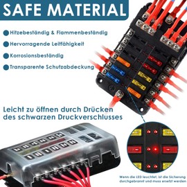 LustLocke 12-Way Fuse Holder 12 V/24 V, Car Fuse Box with 30 ATC/ATO Blade Fuses, LED Display, Positive & Negative Connection, 100 A Input, Suitable for Car, Truck, Boat, Marine