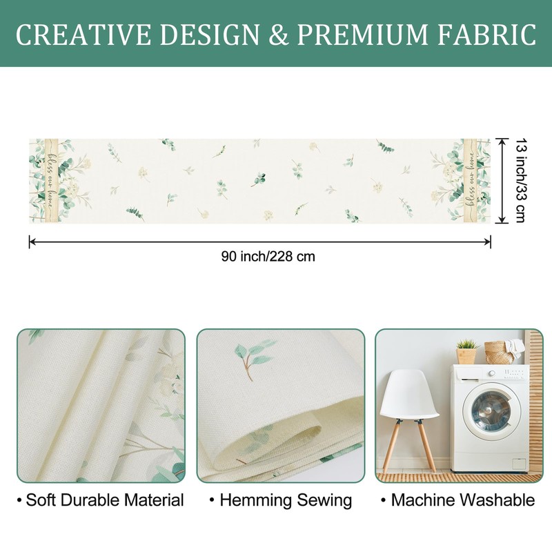 Bonhause Eucalyptus Leaves Table Runner 13x90 Inch Green Plants White