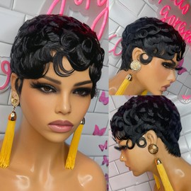 YJOQOKOA Short Curly Wigs for Black Women Human Hair Wigs Short Pixie Cut Wig Black Hair Wig Pixie Cut Curly Wig with Bangs Short Pixie Wigs for women Curly Wigs Black Non Lace Front Glueless Wigs