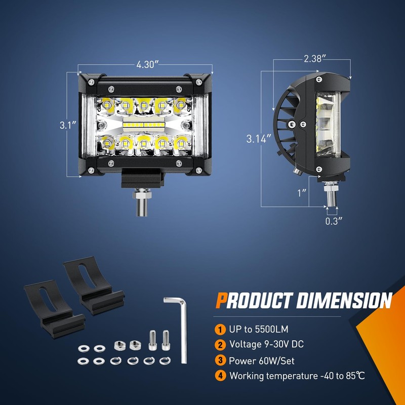 Nilight Side Shooter LED Light Bar 2PCS 4.3 Inch Triple
