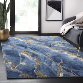 Abani Contemporary Blue & Metallic Gold Area Rug, Non-Shed Modern Rugs Marble Print 7'9" x 10'2" (8x10) Dining Room Rug