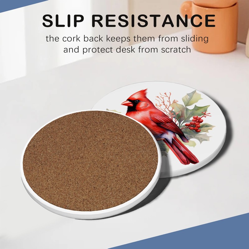 Bird Cardinal 6Pack Ceramic Drink Coasters,Quick-Absorb Stone Coasters with Anti-Slip