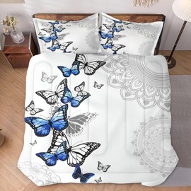 WeCozy Comforter Set Queen Size with 2 Pillowcases, Summer Spring Blue Butterfly 3 Pcs Bedding for Kids and Adults, Abstract Circular Mandala Floral Soft Comforter Set for Bedroom Bed Decor