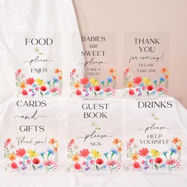 JarThenaAMCS 6Pcs Baby in Bloom Acrylic Baby Shower Sign Wildflower Clear Guest Book Sign with Stand for Birthday Party Table Centerpiece Decoration