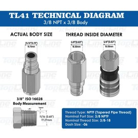TL Topline 3/8" Body with 3/8" NPT Thread | Flat Face Hydraulic Quick Connect Coupler | Skid Steer Bobcat Attachment | ISO 16028 Heavy-Duty Coupling with Dust Caps | Model TL41