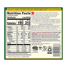 Amy’s Soup, Vegan Hearty Rustic Italian Vegetable Soup, Gluten Free, Made With Organic Beans and Rice, Canned Soup, 14 Oz (12 Pack)
