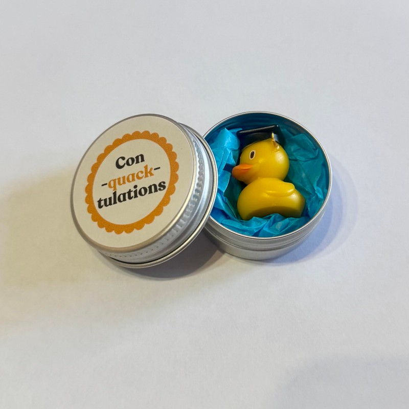 'Con-quack-tulations' graduation gift | Cute minitature plastic duck wearing grad