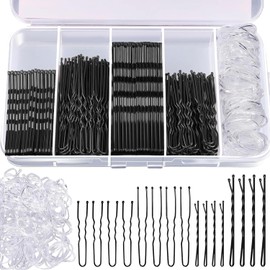 Kit de Pinzas para Cabello de 300pcs, Pinzas para el Pelo Negras y Pasadores para el Cabello, Incluye Pinzas Grandes de 2.75" y 2", Pinzas para Moño (U Pins) de 2.36" y 100 Ligas Transparentes para el Pelo