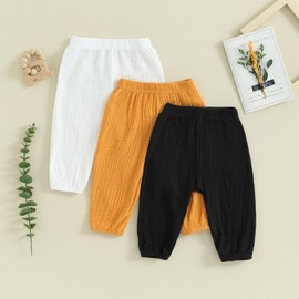 Thilsidee 3 Pack Toddler Baby Boy Girl Solid Color Pants Elastic Waist Casual Trousers Spring Fall Winter Long Pants Joggers (D-Cotton Linen White+Black+Yellow,6-12 Months)