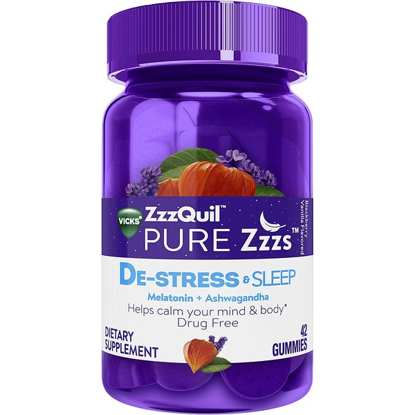 ZzzQuil PURE Zzzs, De-Stress & Sleep, Melatonin Sleep Aid with Ashwagandha, Chamomile, Lavender, & Valerian Root, Drug Free, 42 Gummies (Packaging May Vary)