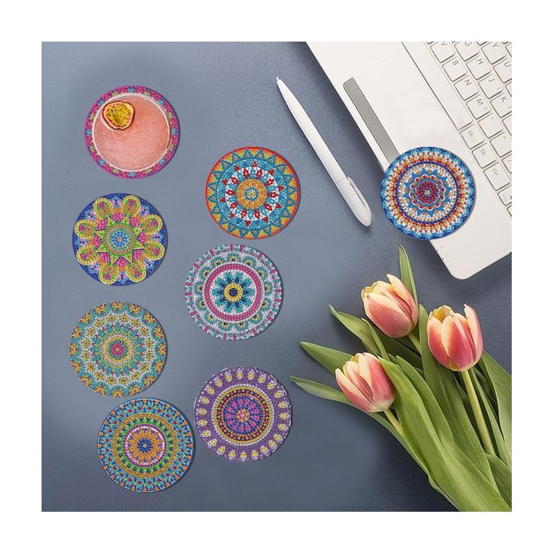 8 PCS 5D DIY Diamond Crafts Painting Coasters, Round Diamond