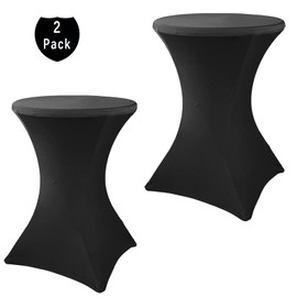 2 Pack 32x43 Inch Black Cocktail Tablecloth Spandex Round Fitted Table Cover for Wedding Banquet Event Party