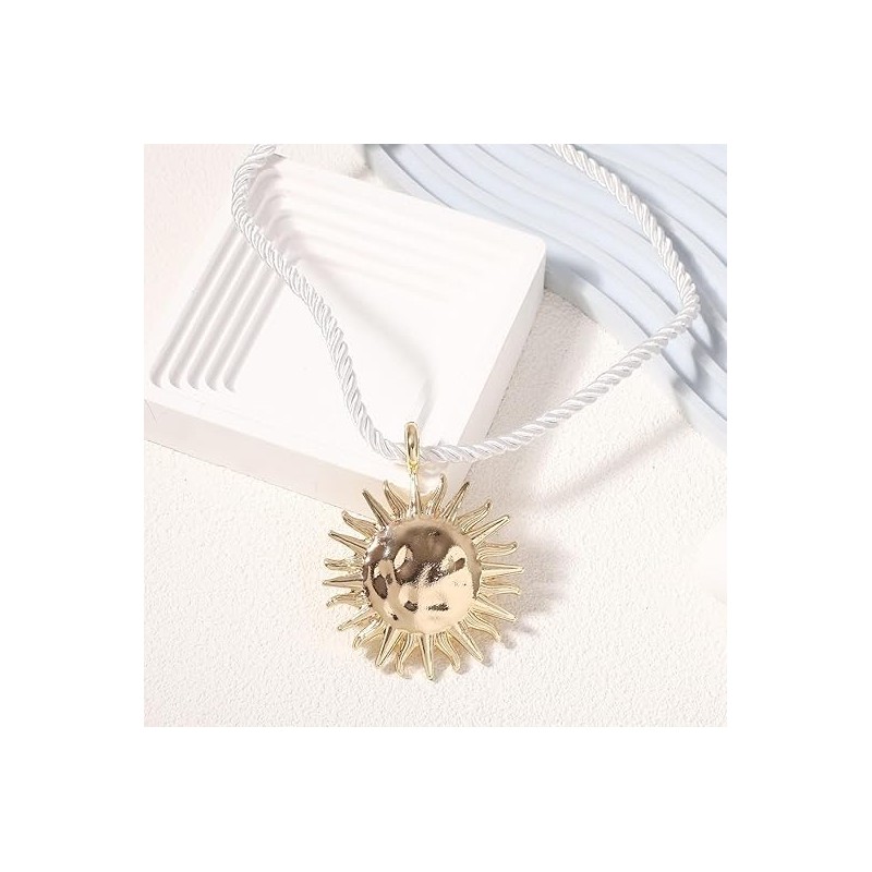 DIONFEI Exquisite Gold Sun Pendant Beige Rope Necklace - Retro
