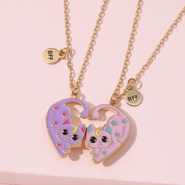 Moon And Star Cat Necklace for 2, Magnetic Pendant BFF Best Friends Necklaces Jewelry for Women (Purple Pink)