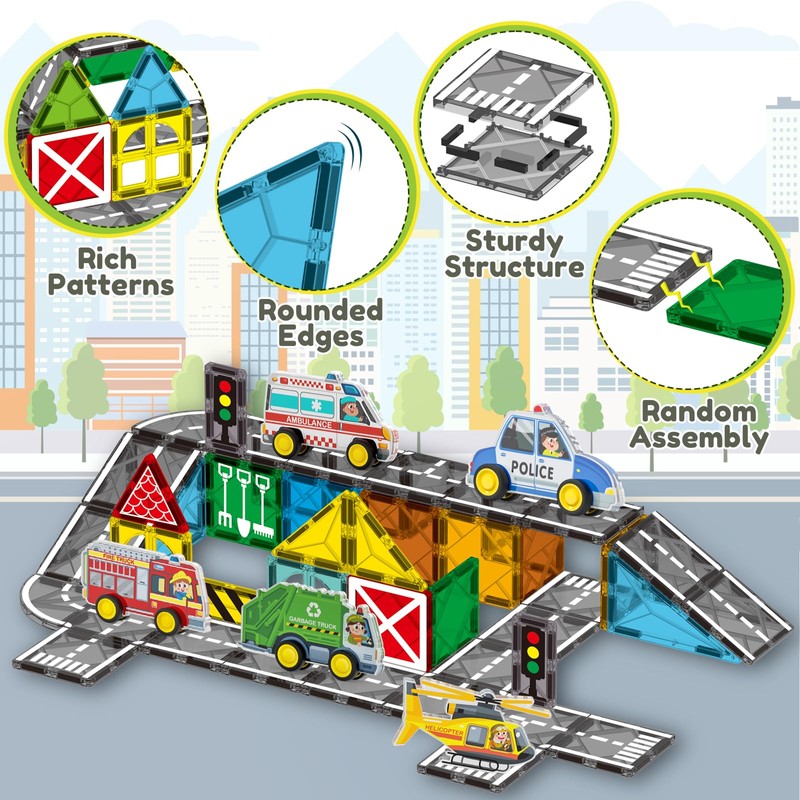 Oriate City Road Set Magnetic Tiles, Rolling Rescue Toy Cars