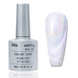 Iridescent Cat Eye Gel Nail Polish Silver, Acrylic Nail Powder Holographic Gel Polish for Women, Fine Glitter Top Coat Gel Polish, Translucent Silver Magnetic Gel Nail Polish UV/LED Lamp Needed, 8 ML