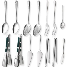 14 PCS Serving Utensils,Stainless Steel Spoons Forks Tongs, Pie Server, Great for Buffet Catering Banquet Party, Silver