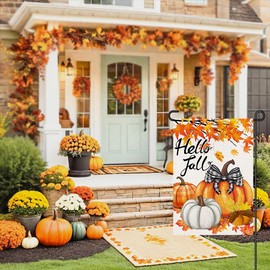 Hello Fall Pumpkin Garden Flags for Outside 12x18 Inch Double Sided Burlap, Autumn Maple Leaf Sign Thanksgiving Small Flag Farmhouse Holiday Yard Lawn Outdoor Decorations DF795