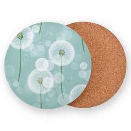 Turquoise Blue Pattern of Dandelion Coasters for Drinks Absorbent Round Wood Coaster with Cork Base for Coffee Wooden Table, Suitable for Kinds of Cups Home Bar Decor Housewarming Hostess Gifts
