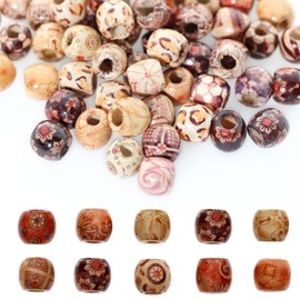 BetterJonny Pack of 300 Wooden Beads with Large Hole, Printed Pattern, Natural Oval Wooden Beads for Threading, Wooden Ball, Spacer, Beads, Craft Beads for DIY Jewellery