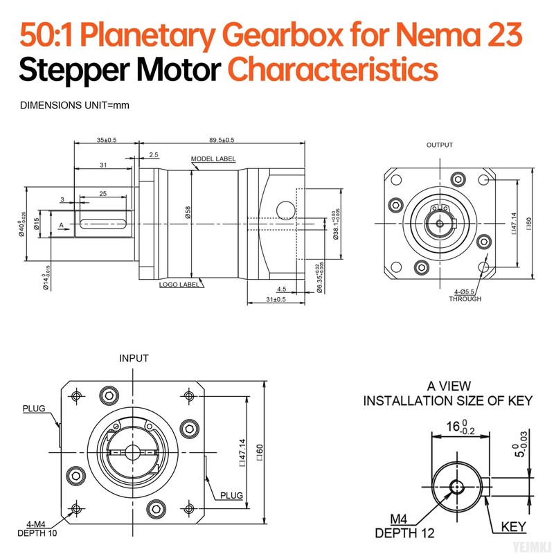 YEJMKJ Ratio 50:1 Planetary Gearbox for Nema 23 Stepper Motor