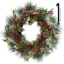 FINECASA Red Berry Christmas Wreath, 24 Inch Door Wreath, Pinecones & Mixed Greenery Holiday Decor for Front Door, Indoor/Outdoor Porch Window Decorations