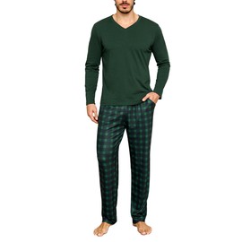 Bresdk Mens Pyjamas Set Cotton Pjs Sets Long Sleeve Tops V Neck Nightwear Plaid Pajama Bottoms Loungewear Sets, Green, XL