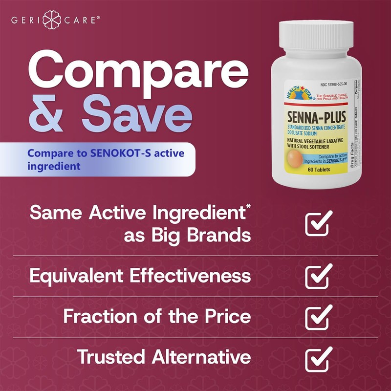 GeriCare Senna Plus Natural Vegetable Laxative with Stool Softener, Docusate