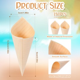 300 PCS Disposable Wood Cones and Picks, 150PCS 5" Natural Wooden Snack Cups with 150PCS Bamboo Skewers Heat Resistant Finger Food Trays for Charcuterie Boards, Buffets, Wedding Catering Display