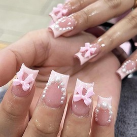 24Pcs White French Tip Press on Nails Short Square Fake Nails with Bow Pearl Charms Design Pink False Nails Cute Glue on Nails Glossy Artificial Stick on Nails Reusable Acrylic Nails for Women Girls
