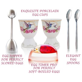 NobleEgg Boiled Egg Cups Topper Set | All-Inclusive Set | Egg Cups for Soft Boiled Eggs + Egg Timer Pro + Egg Spoons + Egg Topper Cracker + Gift Storage Box | Vintage Victorian Style | Set for 2
