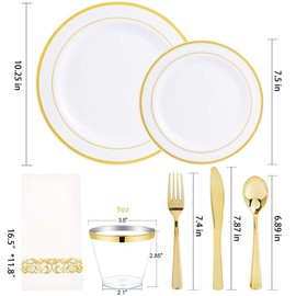 BUCLA 350PCS Gold Plastic Plates With Disposable Plastic Silverware& Napkins- Gold Rim Plastic Dinnerware With Include 100 Plates/ 50 Forks/ 50 Knives/ 50 Spoons/ 50 Cups/ 50 Napkins for party/wedding