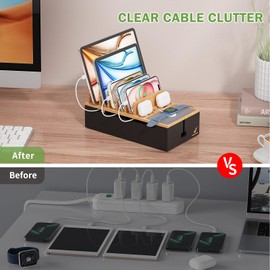 Pezin & Hulin Cord Organizer Box, Surge Protector Organizer, Device Charger Station for Phones & Tablets, Wood Charging Dock, BUT NO Power Supply - Natural + Black