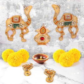 Shubh Labh Charan Diwali Lakshmi Charan Pagla Padhuka Footsteps Kalash Floor Wall Main Door Stickers for Festival Pooja Home Temple Office Décor Decoration and Gifting New (Yellow)