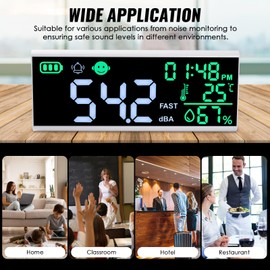 Decibel Meter 30~130dB Sound Level Meter, 13 inches LCD Display Wall Hanging Sound Gauge, Noise Level Detector, Decibel Monitoring Device, Time, Temperature, Humidity for Studio Classroom Home