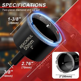 REKCKRUL 2 Inch Diamond Hole Saw with Pilot Drill Bit, 2PCS Premium Tile Hole Saws for Porcelain, Ceramic, Granite, Marble, Glass – 1-3/8" Cutting Depth, Serrated Edge & Wet/Dry Use (50mm)