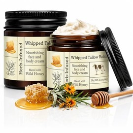 2 piezas de sarga de res para la piel, bálsamo de sargo de ternera alimentado con pasto con miel cruda, crema facial y corporal batida, bálsamo de sebo hidratante natural, cuidado orgánico hidratante de la piel para pieles secas, sensibles y maduras